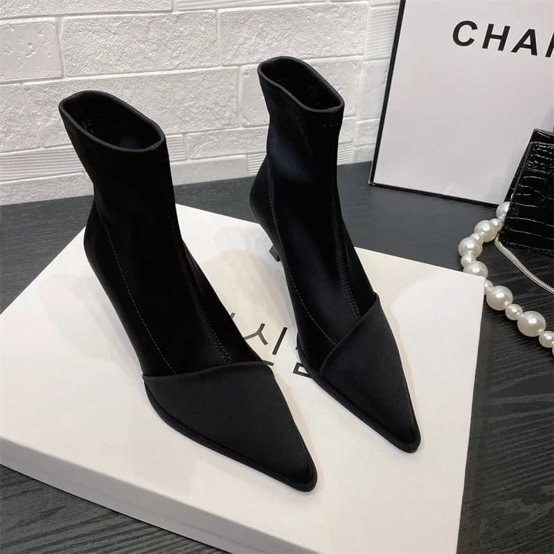 Bottes satin élégantes talons hauts fins - Bottines femme pointues stretch pour soirée pêche
