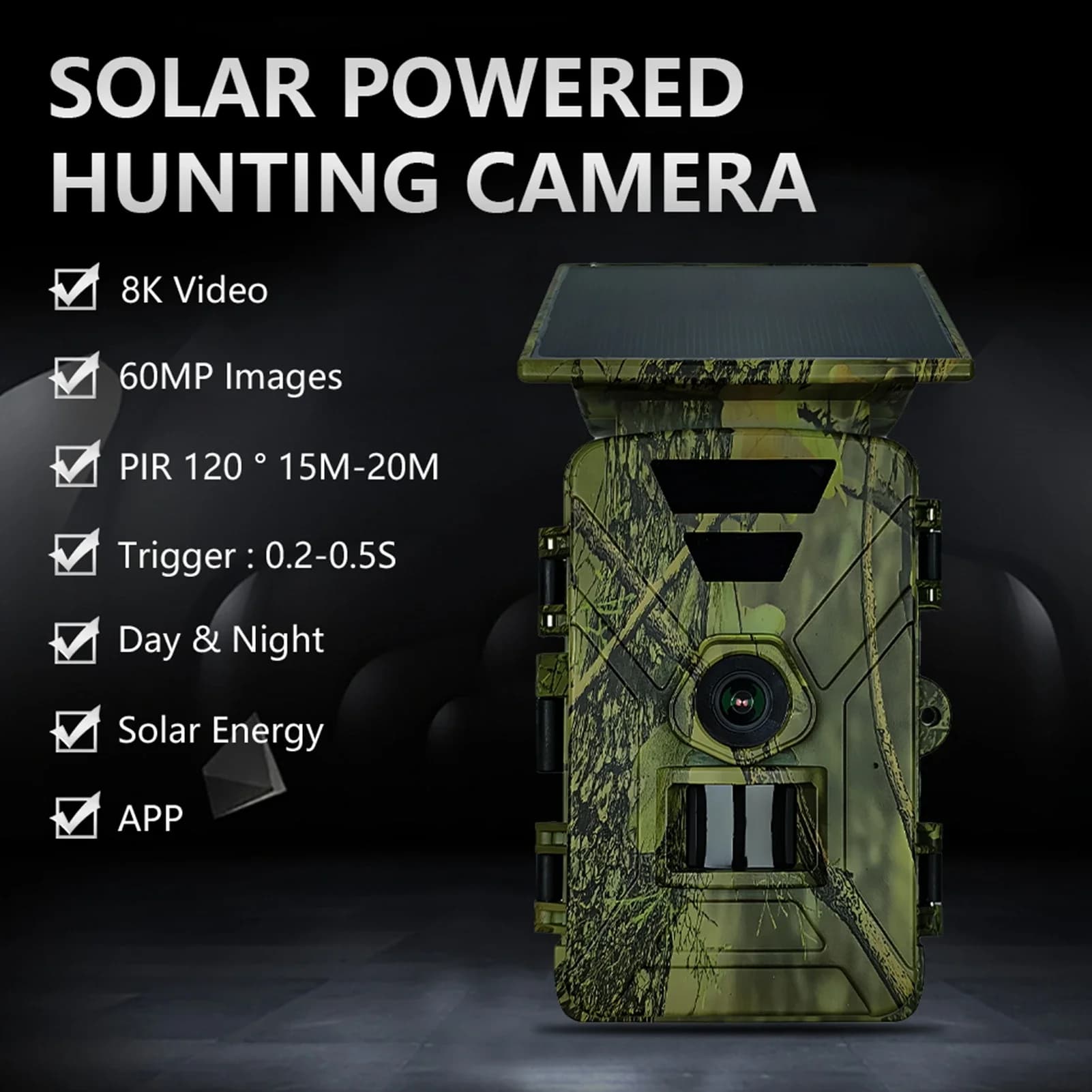 Caméra de chasse solaire WiFi 8K 60MP étanche IP66 pour surveillance extérieure des animaux nocturnes