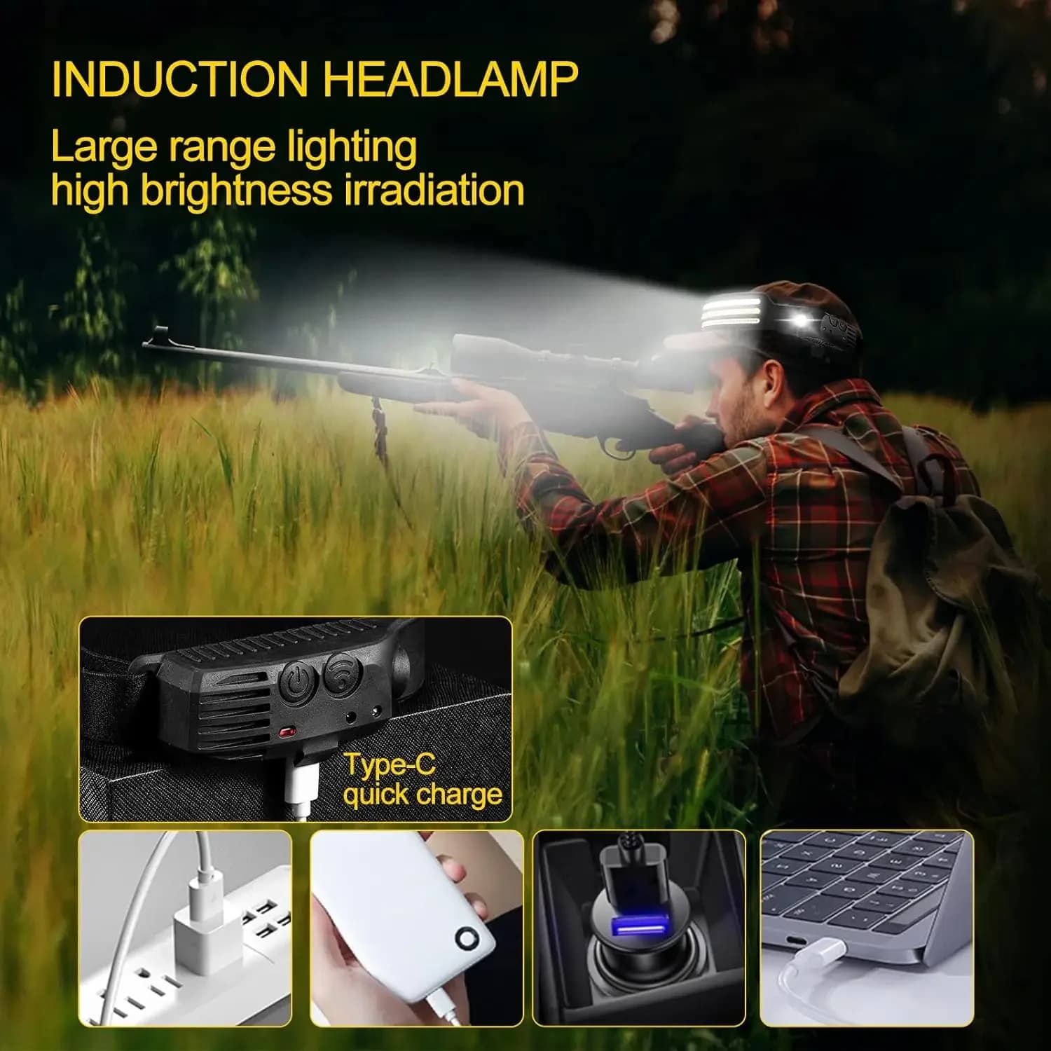 Lampe frontale rechargeable USB avec capteur de mouvement IR - 10 modes lumière blanche/jaune/rouge étanche