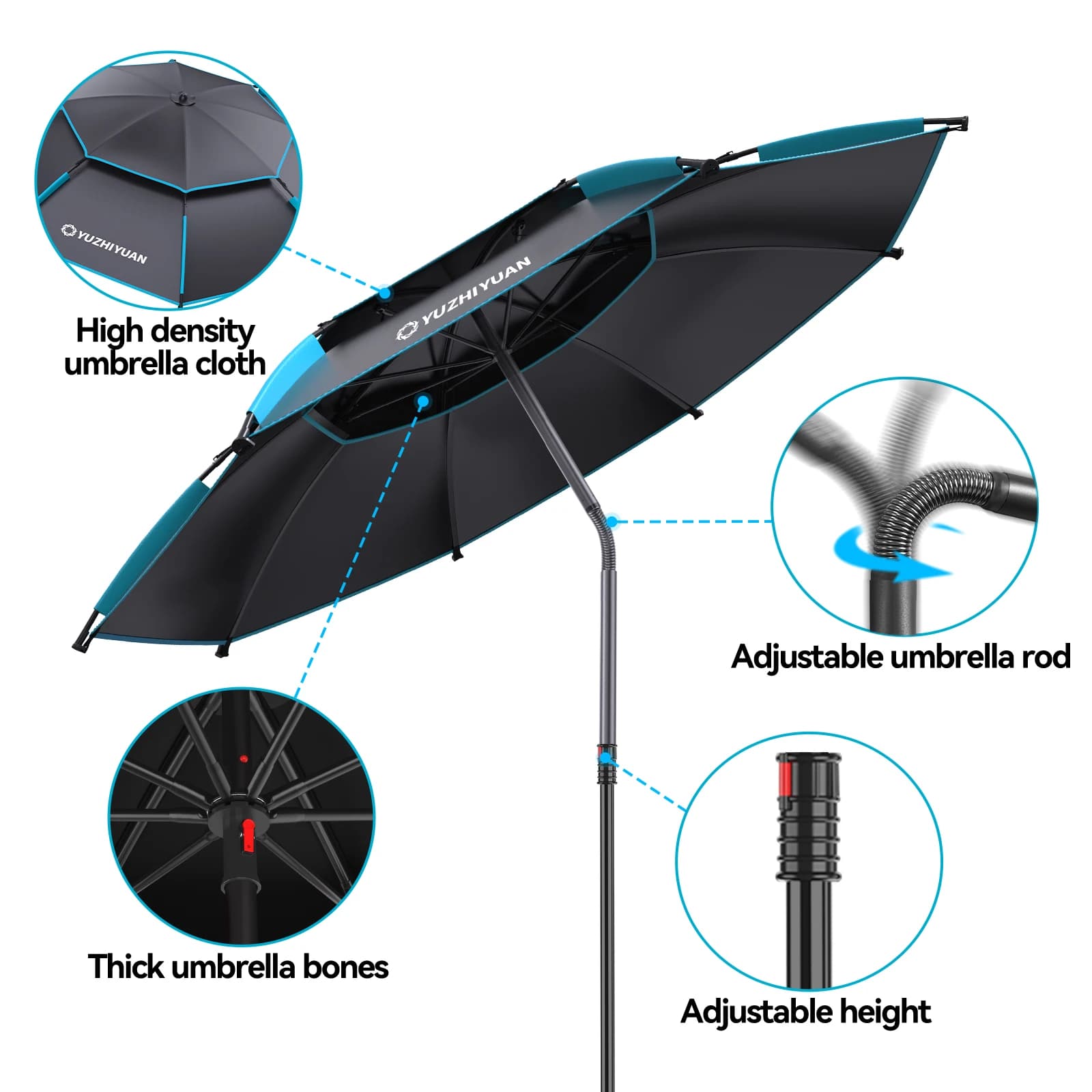Parapluie de pêche UPF50+ noir colle - Protection 360° ajustable portable avec sac de transport
