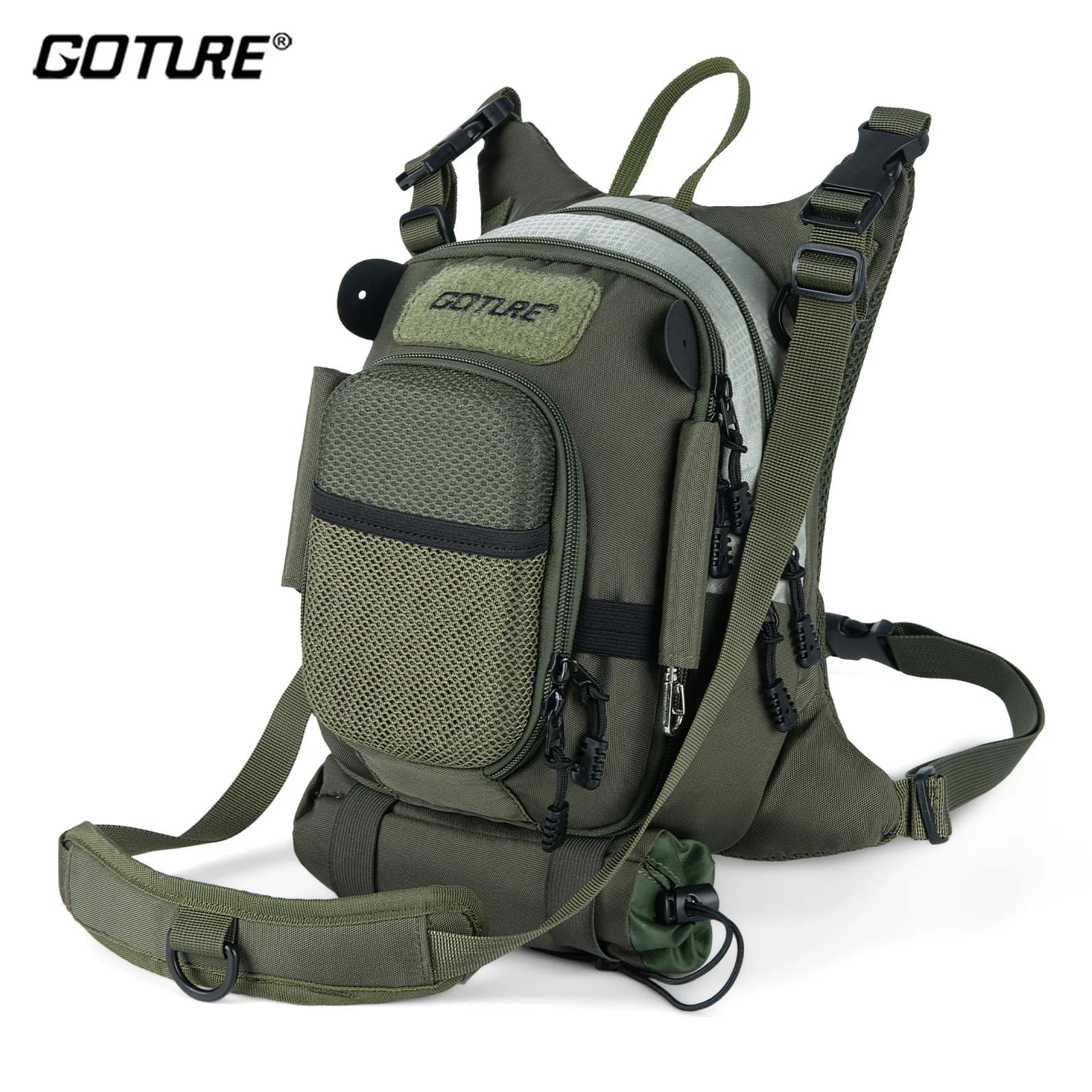 Sac poitrine pêche mouche léger Goture - Rangement matériel réglable - Bandeau ceinture rembourré