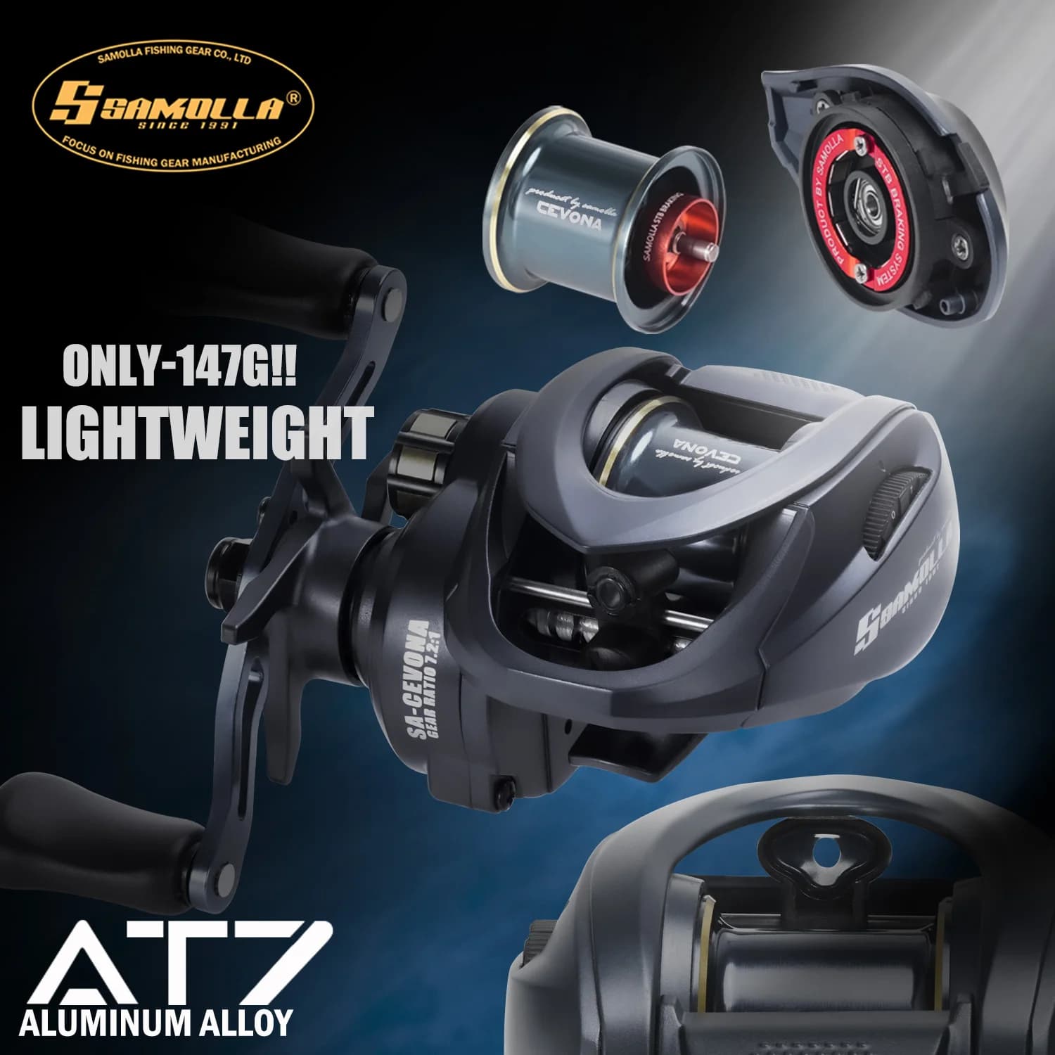 Moulinet baitcasting ultraléger SAMOLLA 149g STB Brake 7.2:1 8+1BB pour pêche mer et lancer puissance 5kg