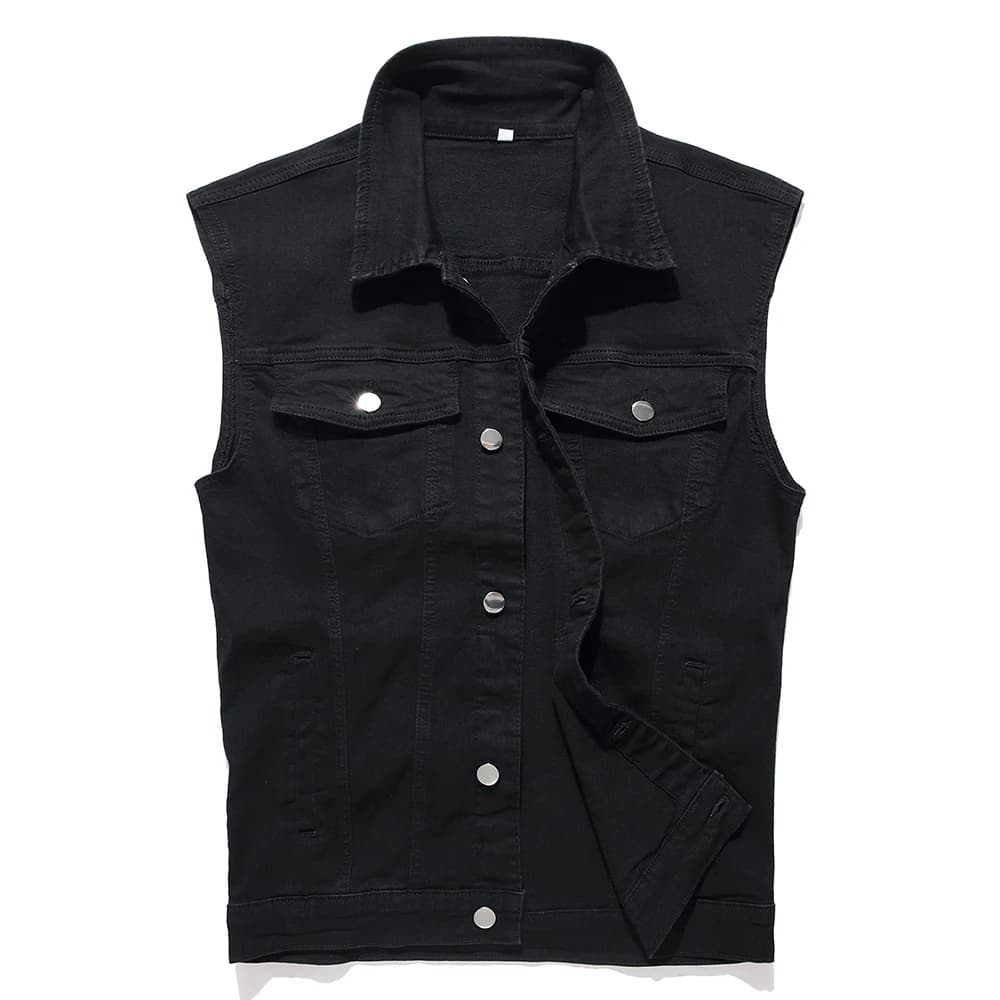Gilet denim noir classique sans manches cargo coton polyvalent pour pêche décontractée homme