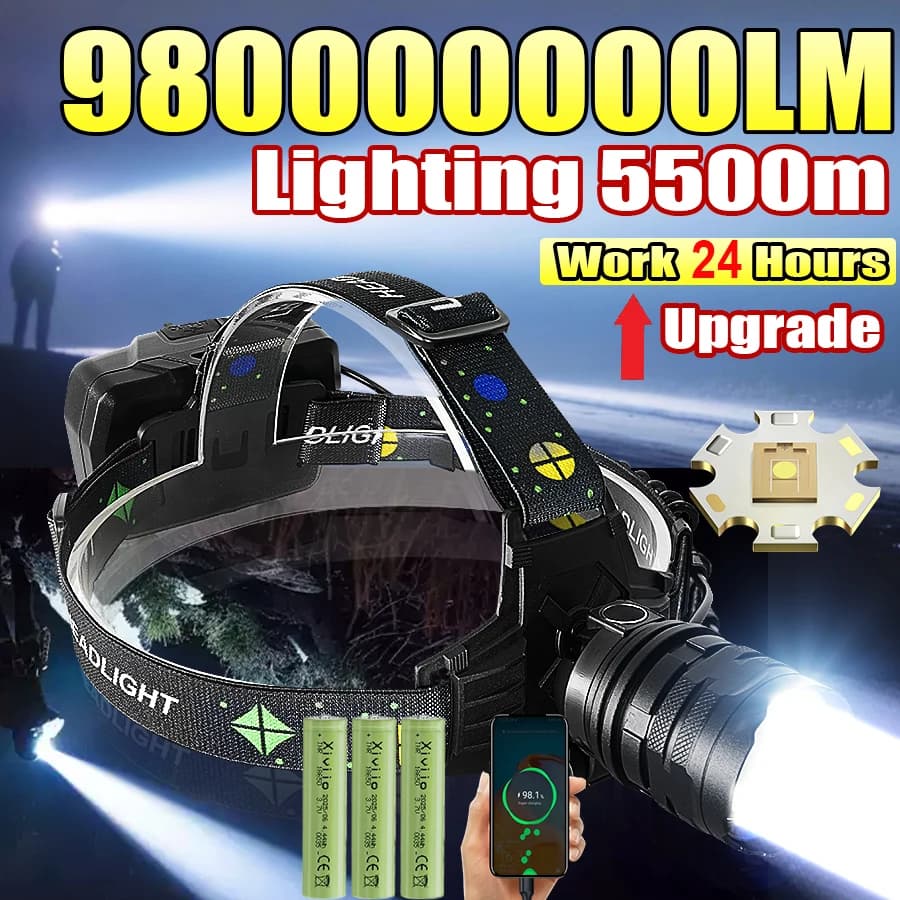 Lampe frontale ultra lumineuse 980000000LM rechargeable USB pêche chasse camping extérieur