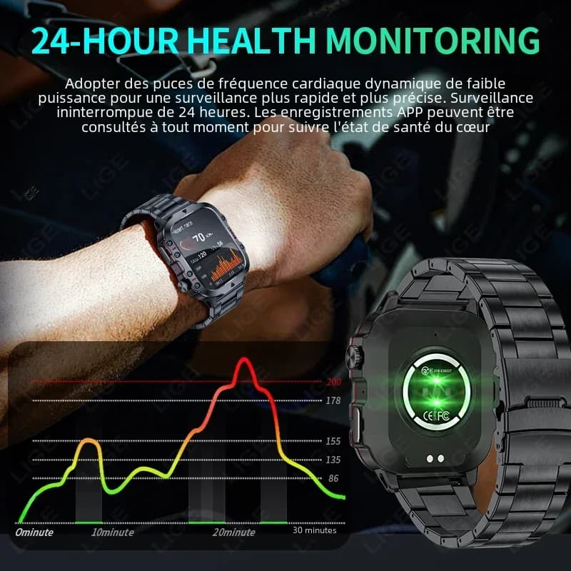 Montre connectée militaire étanche IP68 pour hommes - Smartwatch robuste avec appels Bluetooth et IA vocale