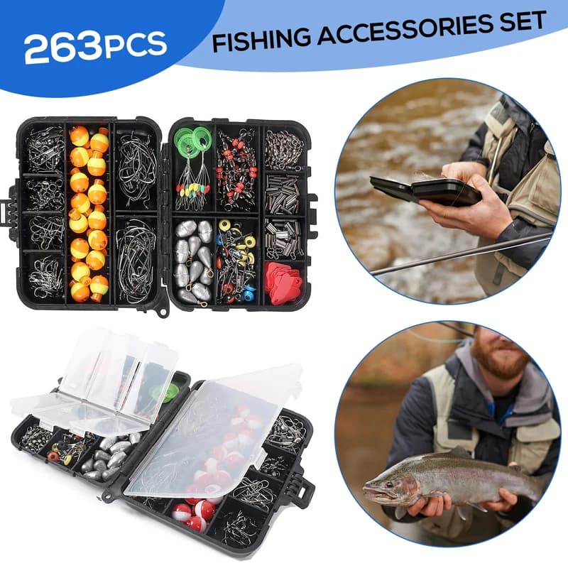 Coffret de pêche 263 accessoires avec boîte à leurres, hameçons, plombs, émerillons et pinces