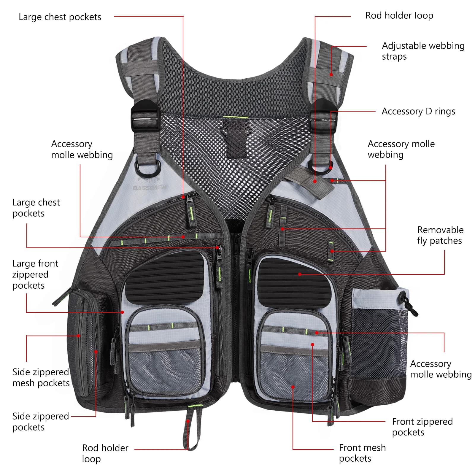 Gilet de pêche ajustable et respirant Bassdash pour la pêche sportive en extérieur