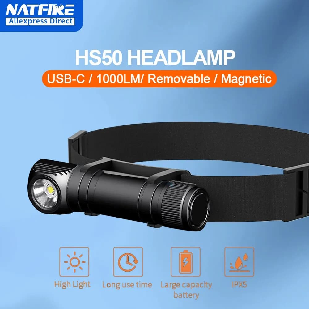Lampe frontale NATFIRE HS50 rechargeable USB-C - 1000LM avec queue magnétique pour pêche et travail