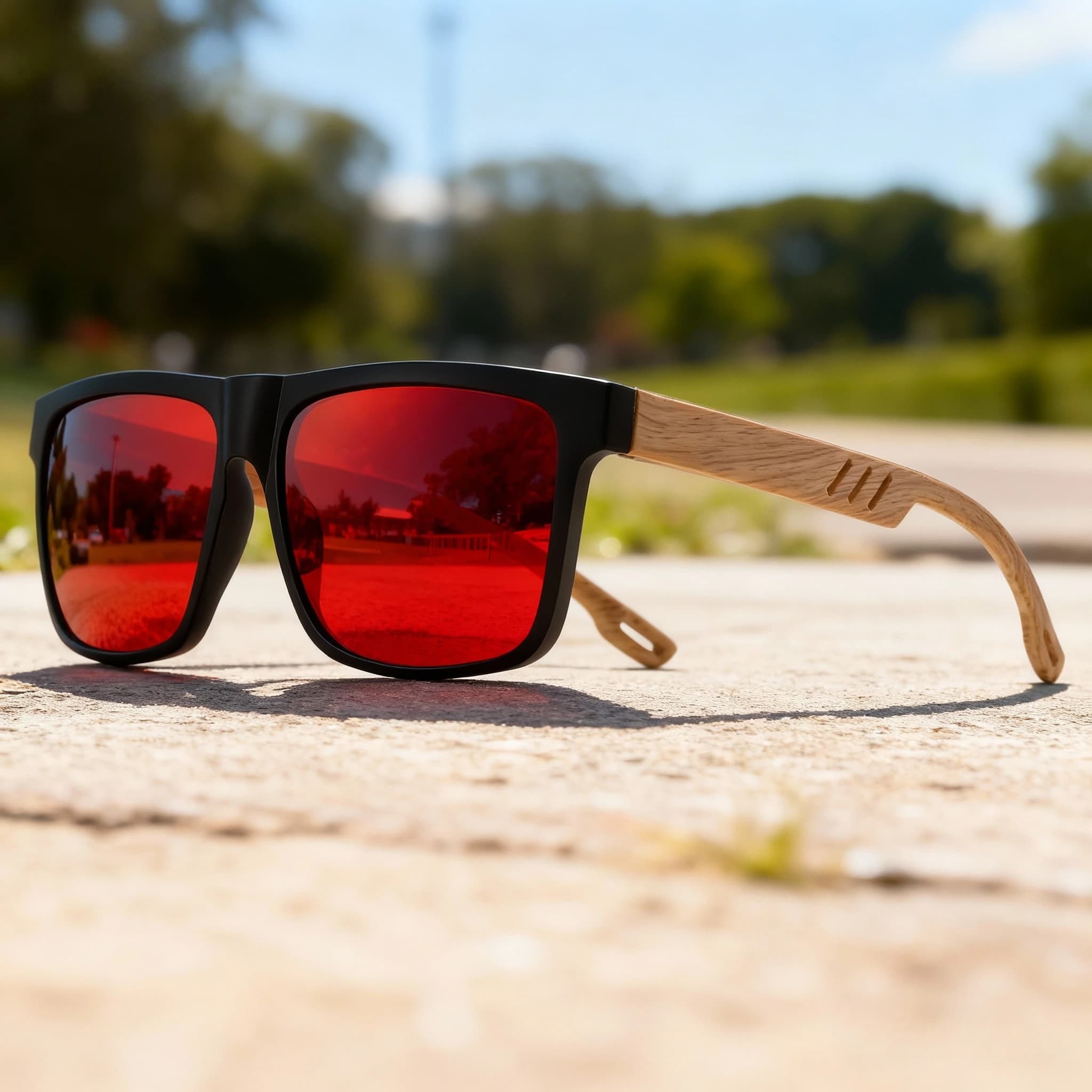 Lunettes de soleil unisex carrées bois - Charnière ressort UV400 pour conduite et randonnée