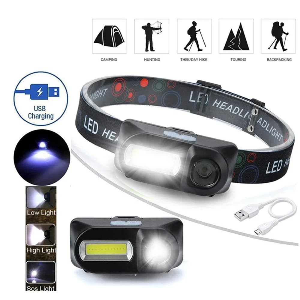 Mini frontale LED pêche portable XPE COB rechargeable USB - Compacte pour pêche discrète et mobile