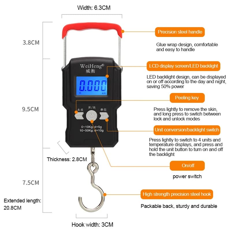 Balance portable à crochet 50Kg/5g affichage LCD numérique main pour pêche voyage bagages électronique