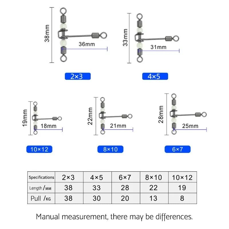 Émerillons lumineux 10pcs en T à 3 voies avec perles d'espacement pour pêche au vif et montages complexes