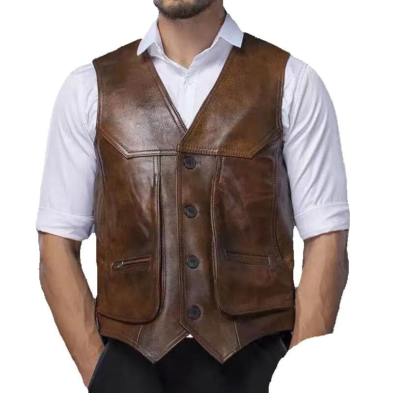 Gilet motard homme en cuir de vache véritable - Veste sans manches cuir véritable tailles L à 8XL