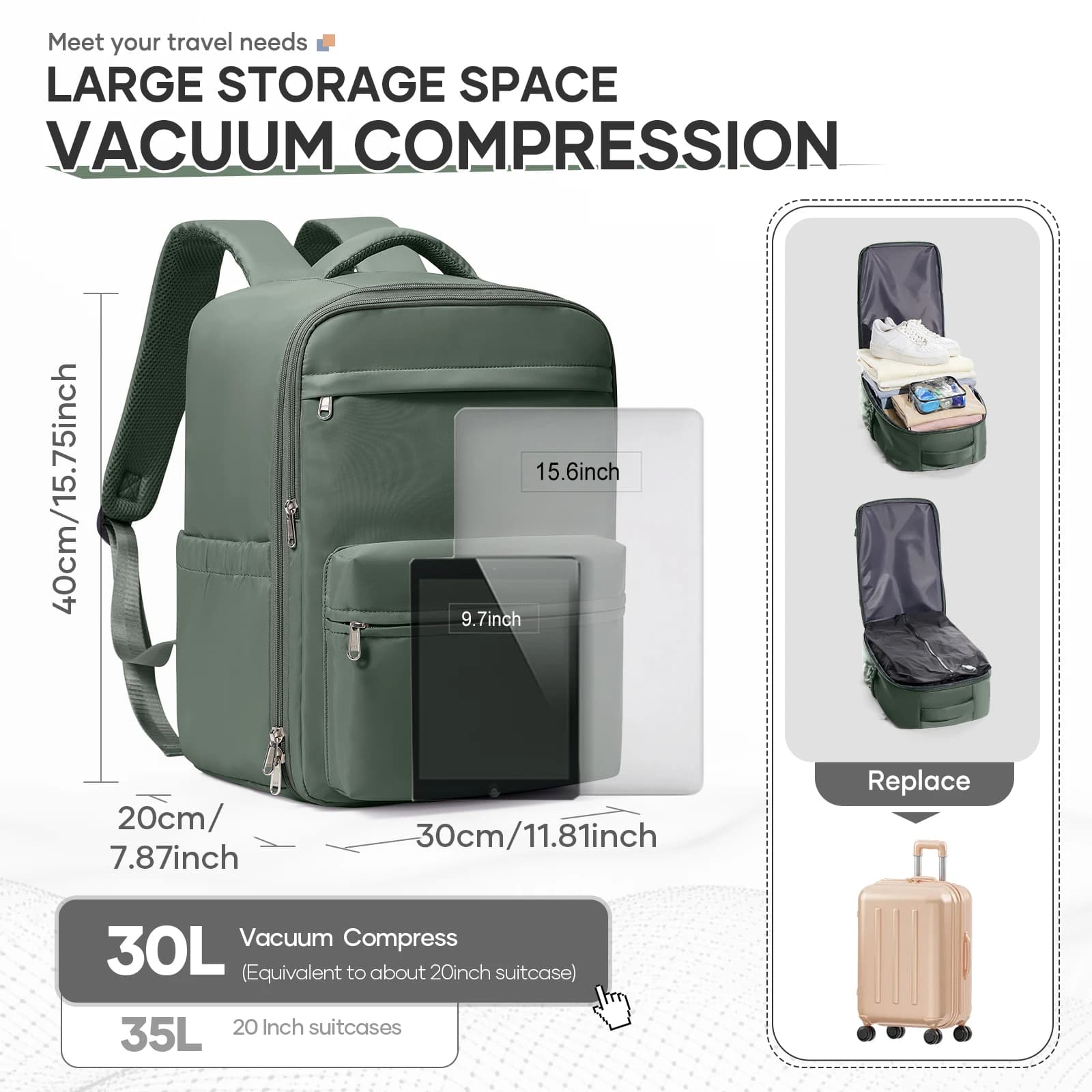 Sac à dos cabine Ryanair compression sous vide avec pompe pour voyage pêche weekend