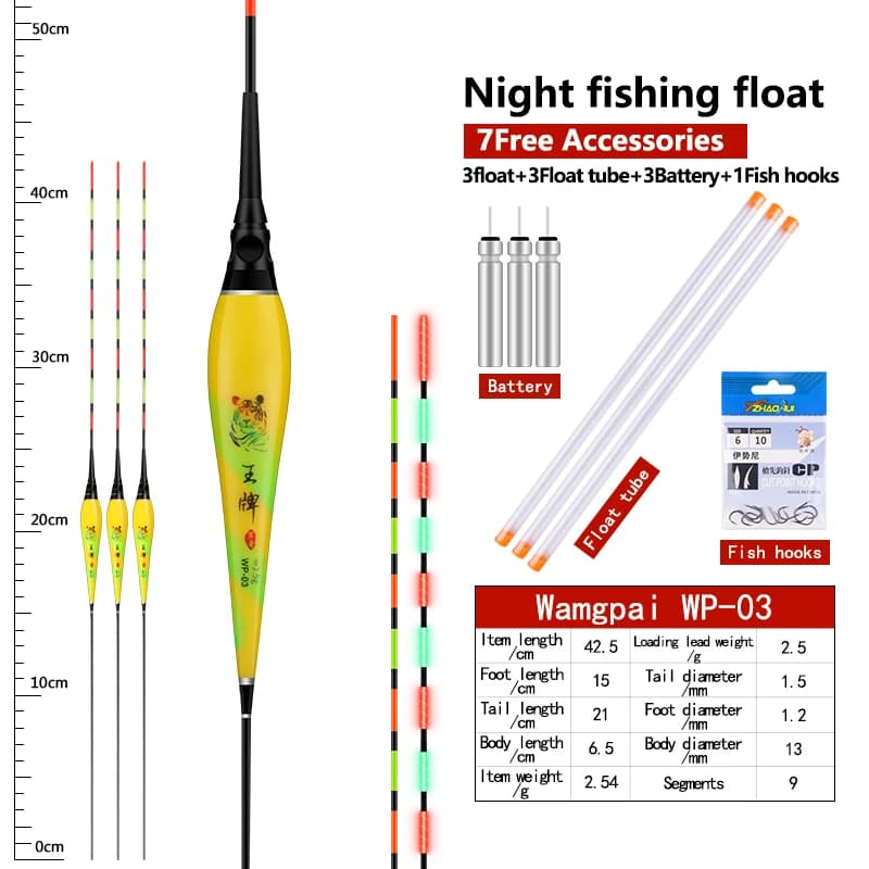 3 flotteurs lumineux nano pêche + 3 CR425 + 3 tubes et sac hameçons pour pêche