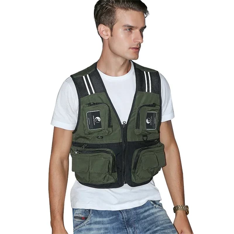 Veste de pêche détachable respirante avec multiples poches résistantes et bandes réfléchissantes