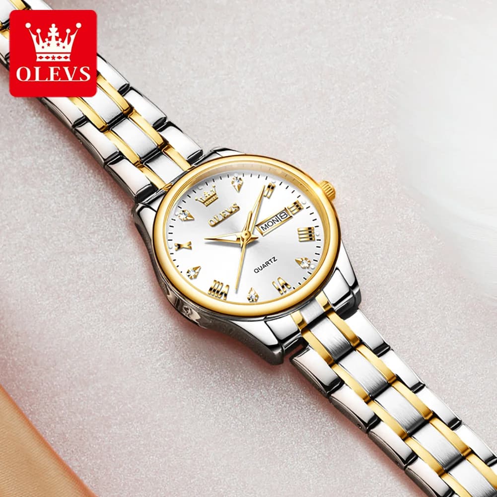 Montre femme OLEVS luxe diamants dorée étanche acier inoxydable calendrier lumineuse cadeau