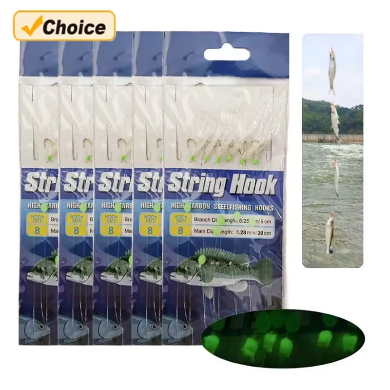5 montages sabiki avec perles lumineuses - Bas de ligne pêche avec hameçons acier carbone pour eau douce et mer
