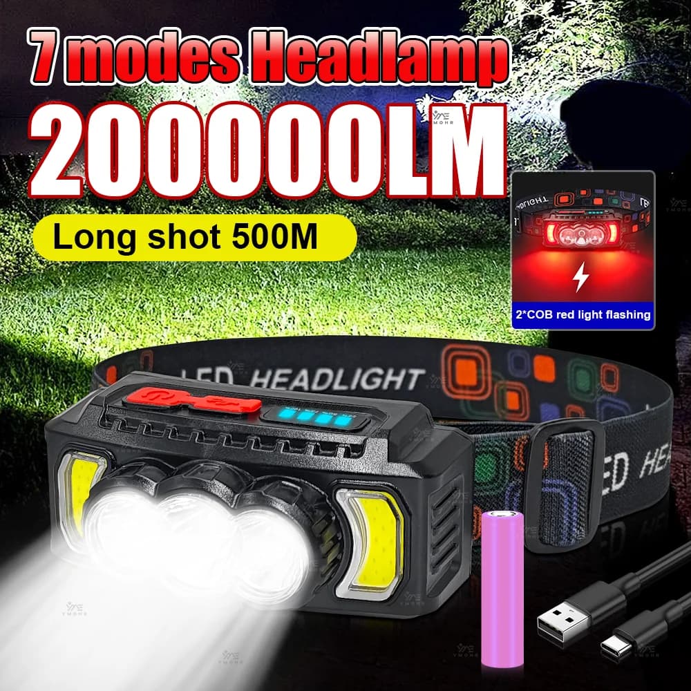 Lampe frontale 200000LM super puissante LED rechargeable USB camping randonnée pêche éclairage