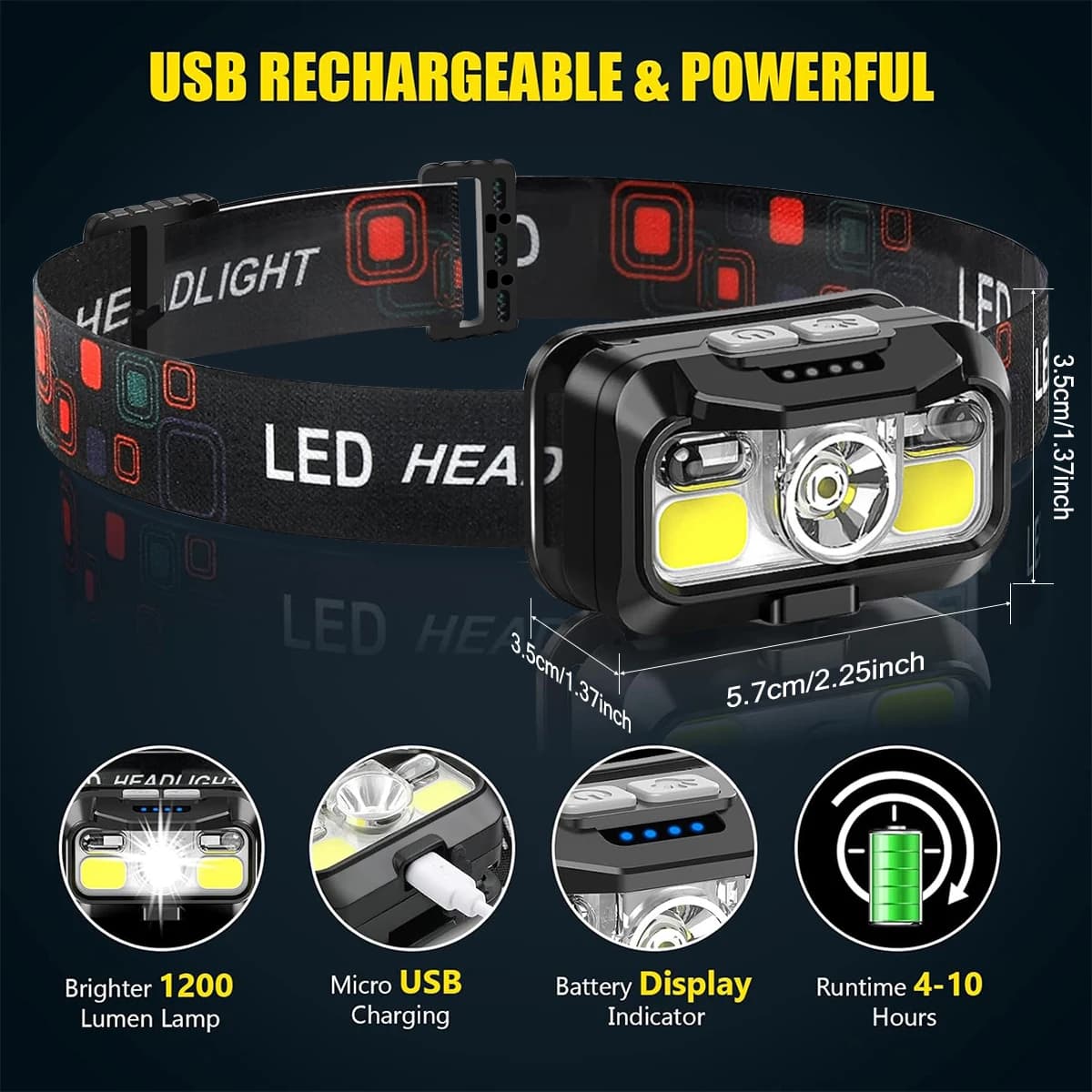 Frontale rechargeable 1200 lumens avec détecteur de mouvement pour pêche nocturne - Lumière blanche et rouge