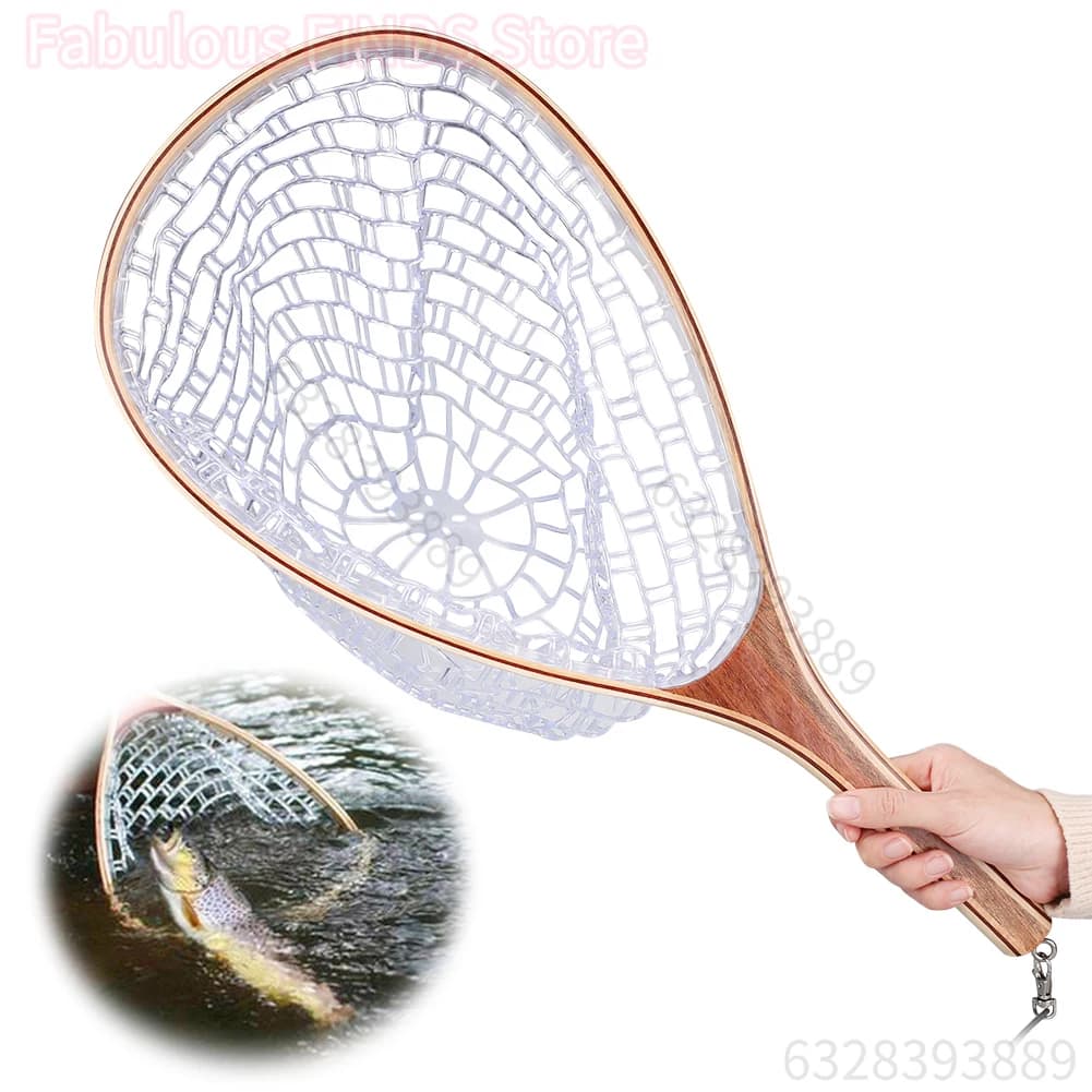 Épuisette pêche à la mouche manche bois maille caoutchouc transparent pour truite pêche no-kill rivière