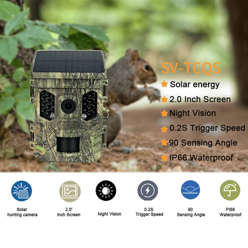 Caméra faune énergie solaire 4K 1080P - Vision nocturne étanche BT WiFi APP 16MP détection mouvement
