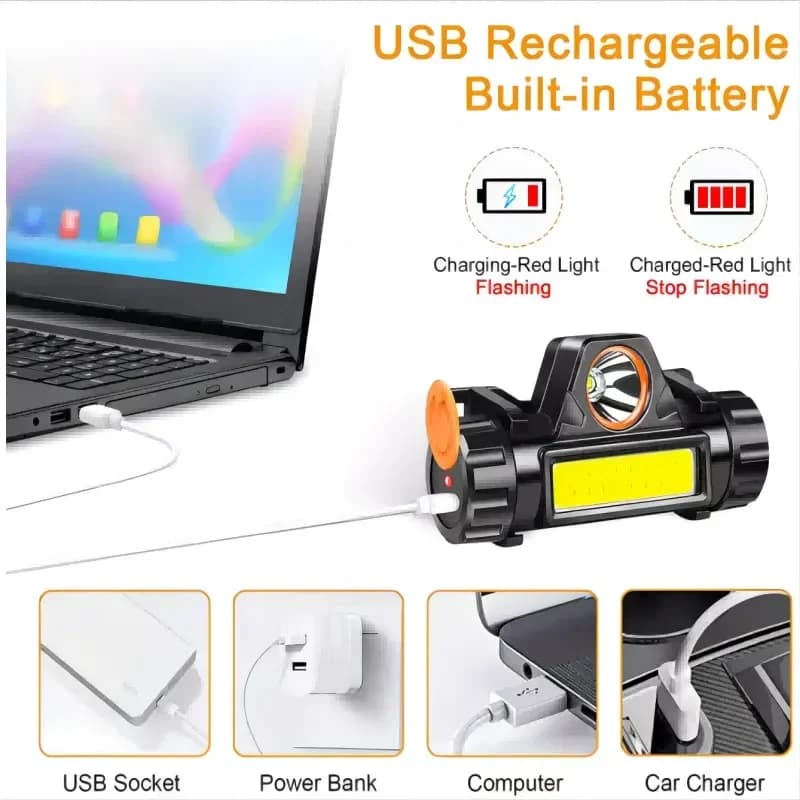 Lampe frontale pêche mini portable LED XPE+COB rechargeable USB magnétique queue étanche