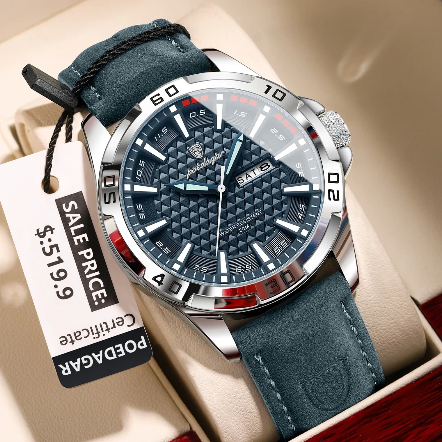 Montre homme POEDAGAR luxe étanche - Cadran lumineux avec date et semaine pour sport et élégance