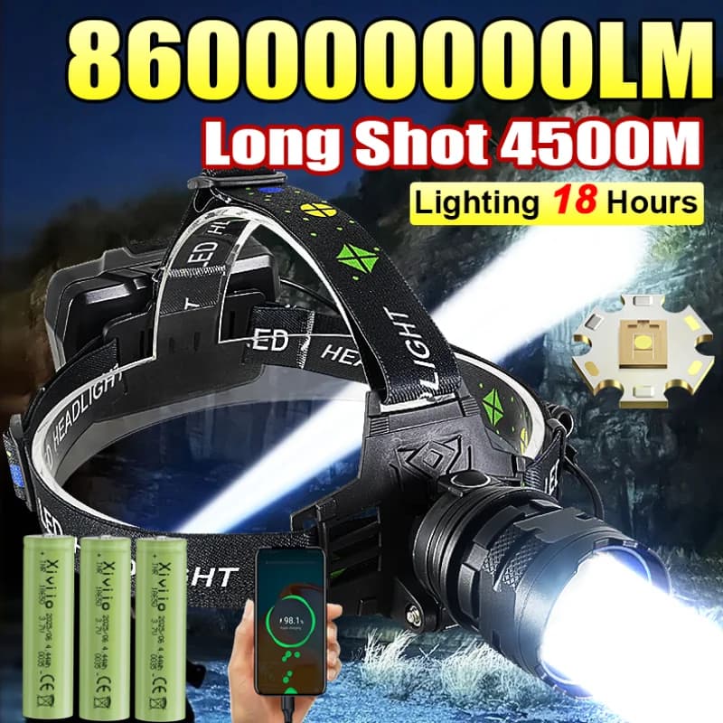 Lampe frontale ultra-puissante 860000000LM rechargeable pour pêche nocturne et chasse longue portée