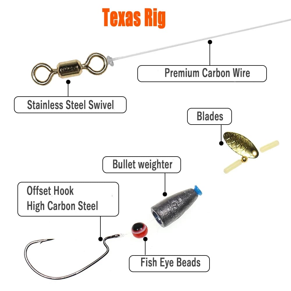 Kit montage Texas rig Carolina 5pcs pour pêche black bass - hameçons carp fishing hair rigs prêts