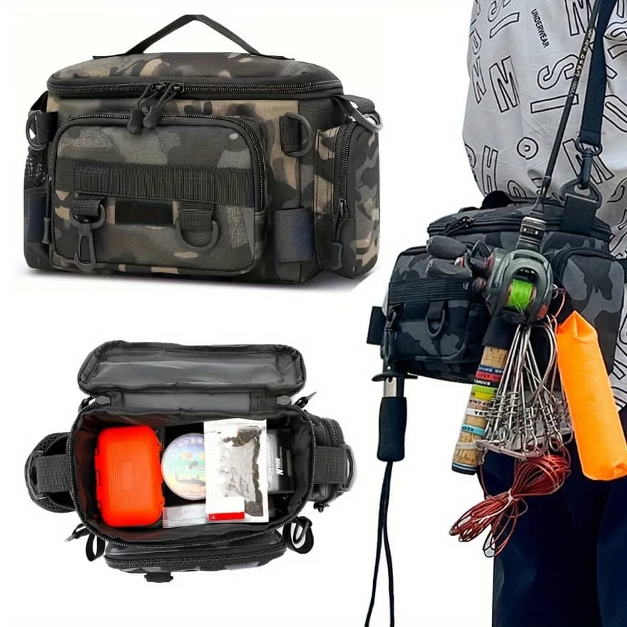 Sac multifonction pêche en toile - Sac banane bandoulière à dos pour leurres et accessoires