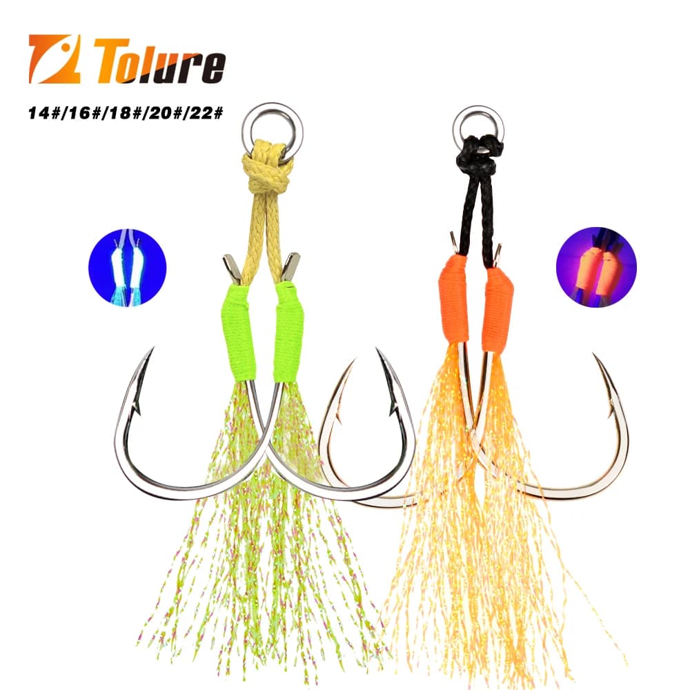 10 assist hooks métalliques avec plumes UV et anneau solide pour jigging de 10g à 120g pêche en mer