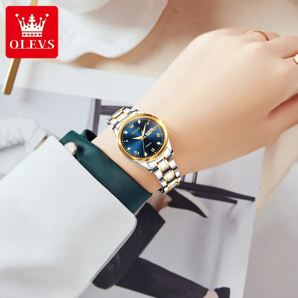 Montre femme OLEVS luxe diamants dorée étanche acier inoxydable calendrier lumineuse cadeau