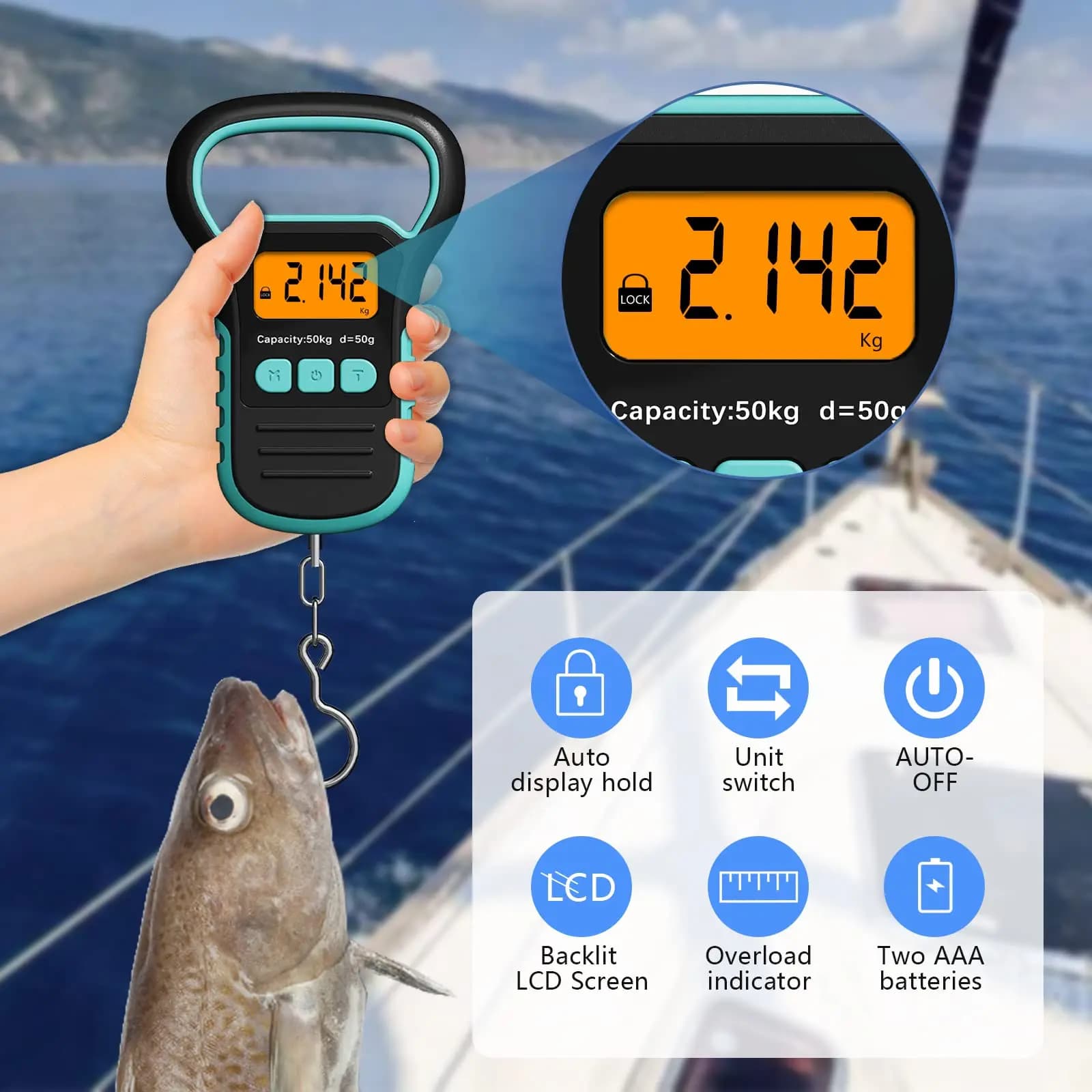 Balance poisson numérique avec règle et capture - Pèse-bagages portable 50kg LCD rétroéclairé pêche