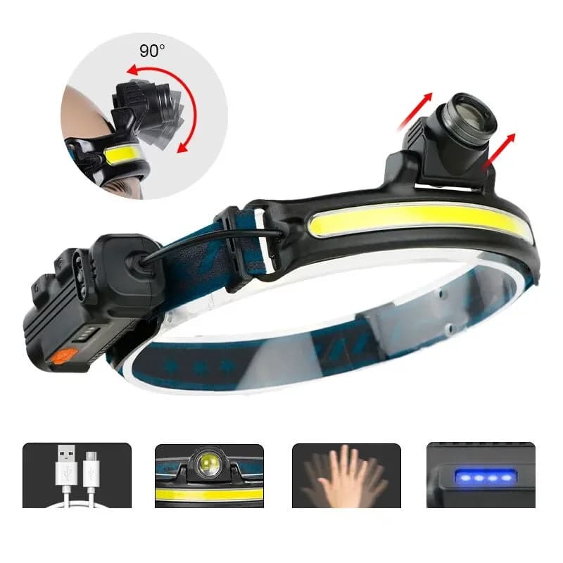 Lampe frontale USB rechargeable à induction zoomable 6 modes COB LED multifonction pour pêche