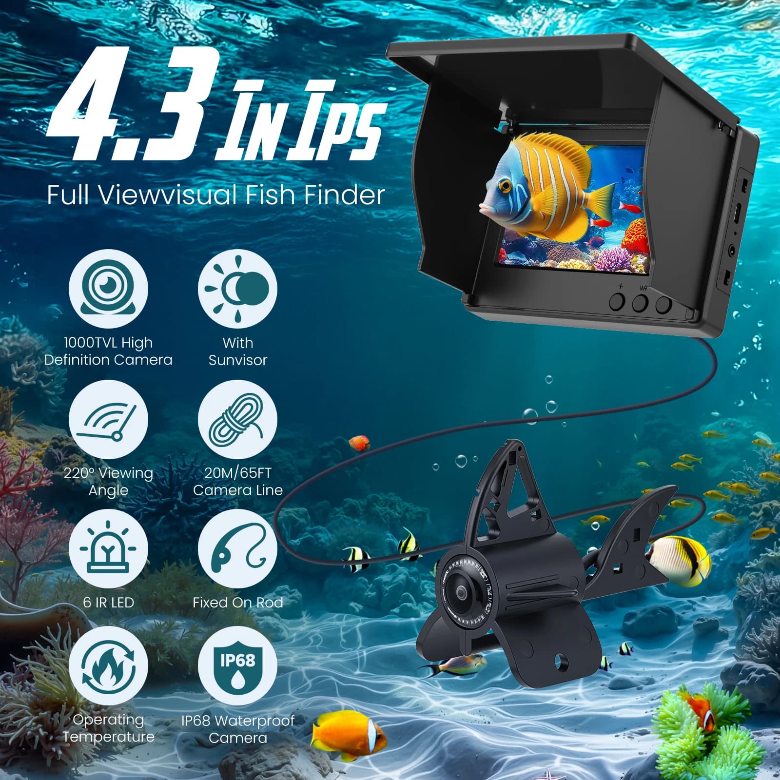 Caméra de pêche sous-marine étanche Fish Finder avec vision nocturne infrarouge et écran IPS 4,3 pouces