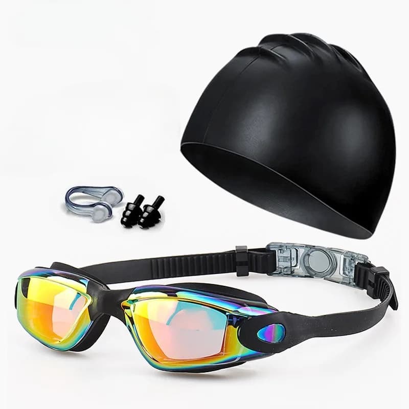 Set natation adulte complet : lunettes HD étanches anti-buée UV avec bonnet de bain inclus