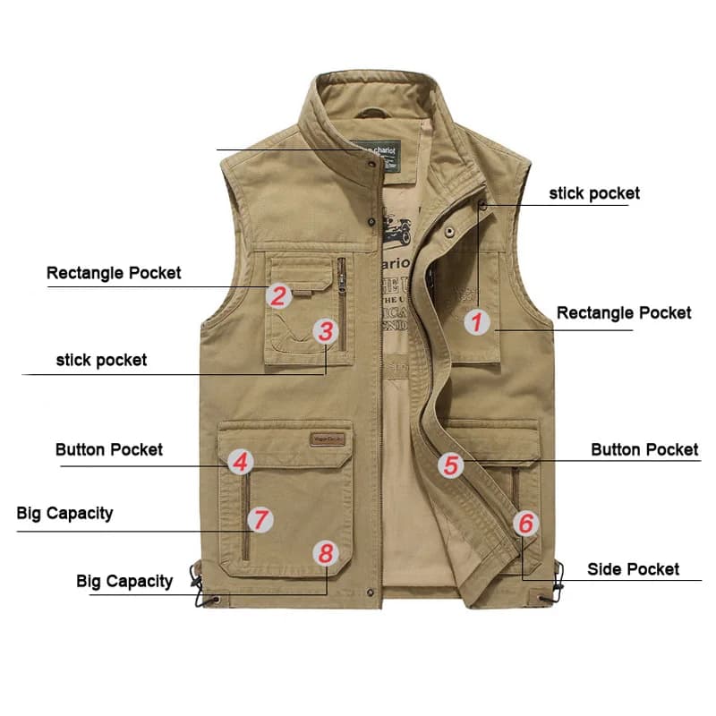 Gilet tactique photographe sans manches multi-poches coton pêche automne grande taille homme