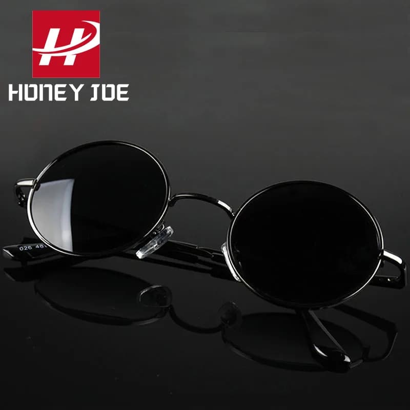 Lunettes de soleil polarisées vintage rondes pour pêche - Monture métal alliage noir UV400 - Homme Femme