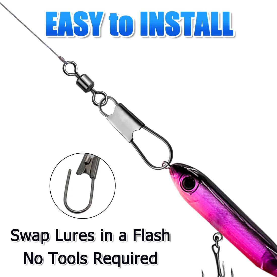 Swivel snap barrel avec interlock snap acier inoxydable quick change fishing clip rolling swivel