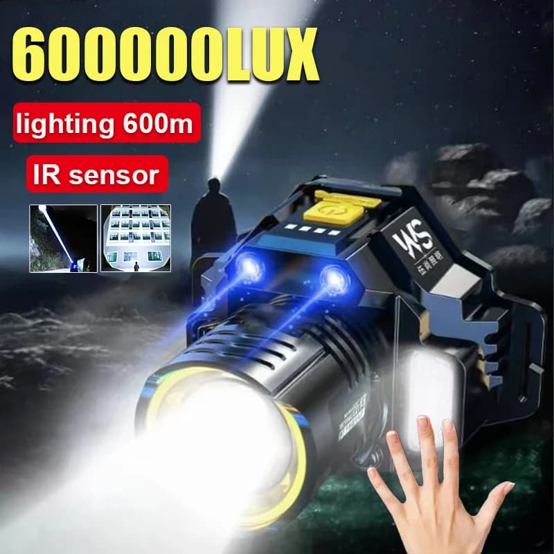 Lampe frontale LED puissante 90° ajustable zoomable 18650 intégrée pour pêche précise