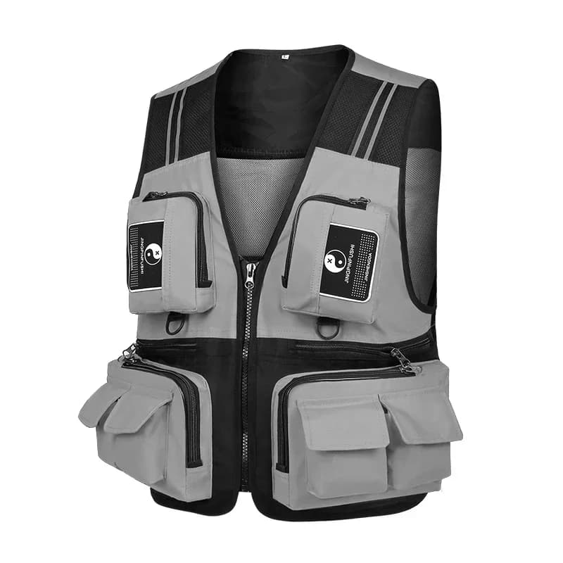 Veste de pêche détachable respirante avec multiples poches résistantes et bandes réfléchissantes