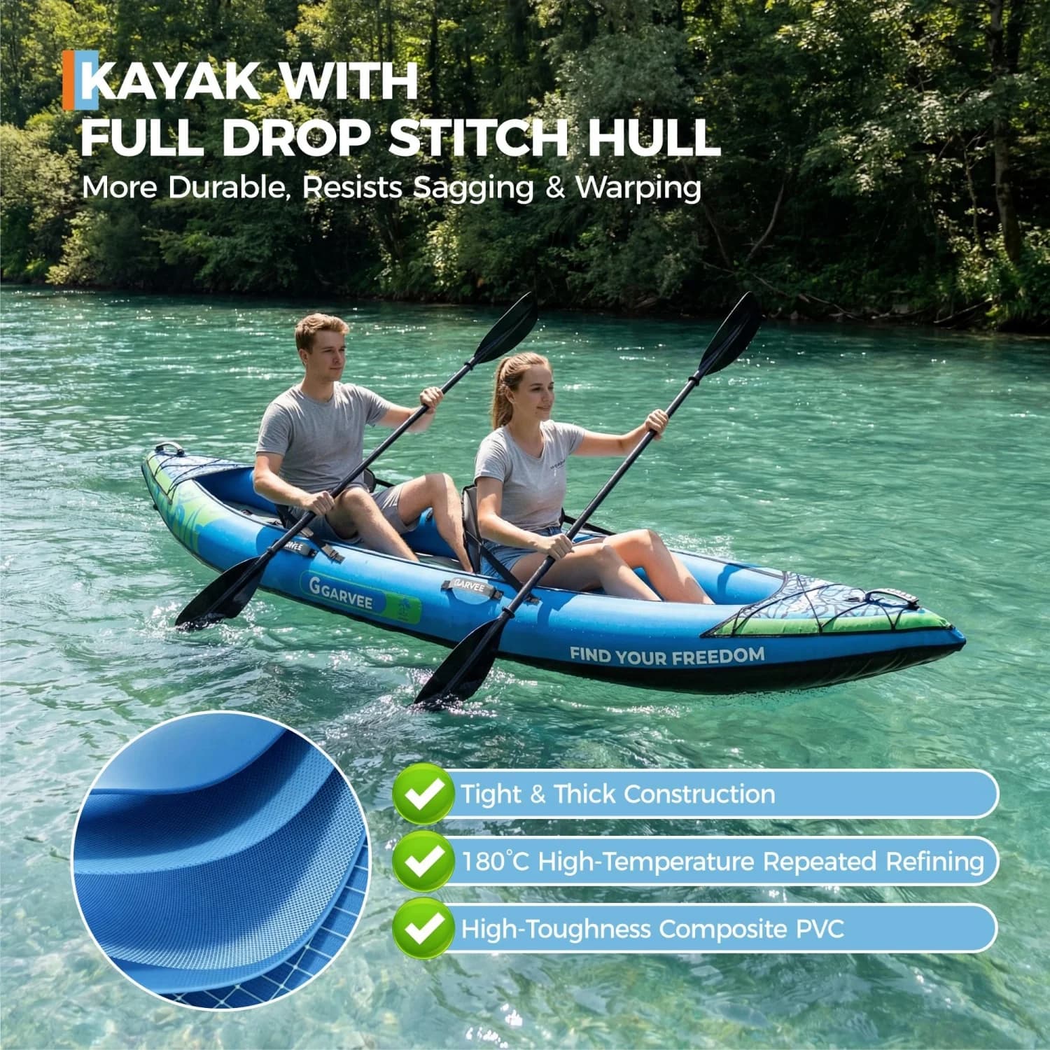 Kayak gonflable 2 places portable pêche et touring avec siège rembourré et kit réparation