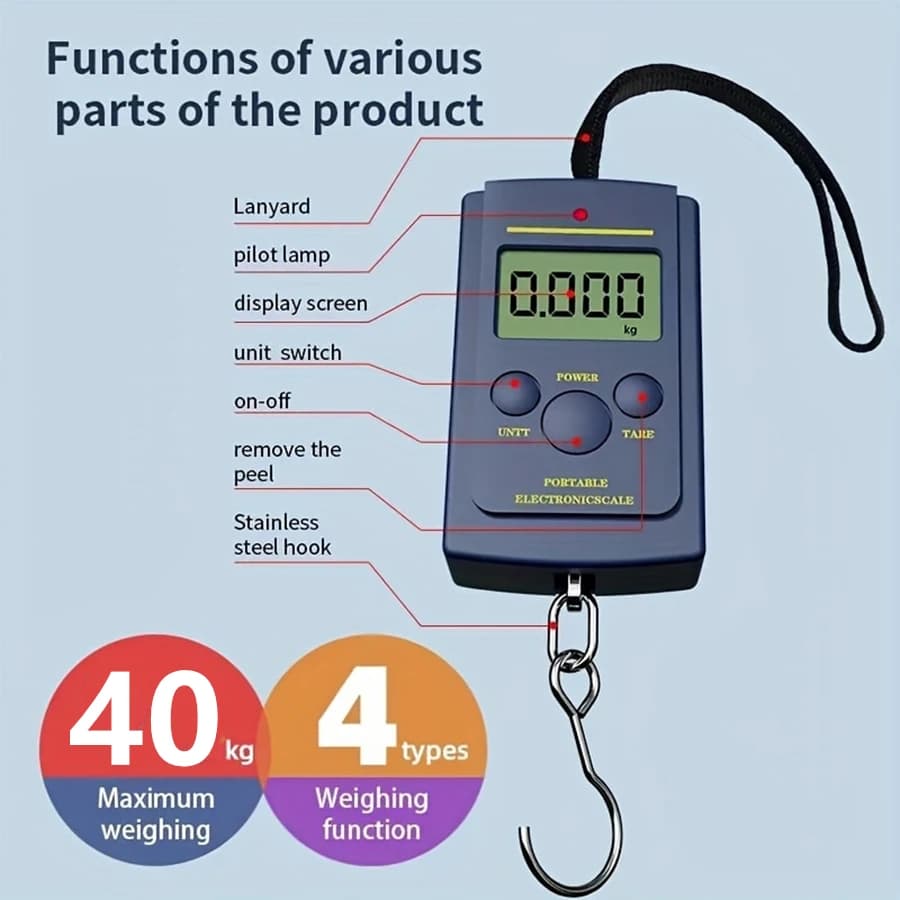 Balance électronique portable 40kg multifonction pêche - pèse-bagages mini suspendu voyage crochet précis