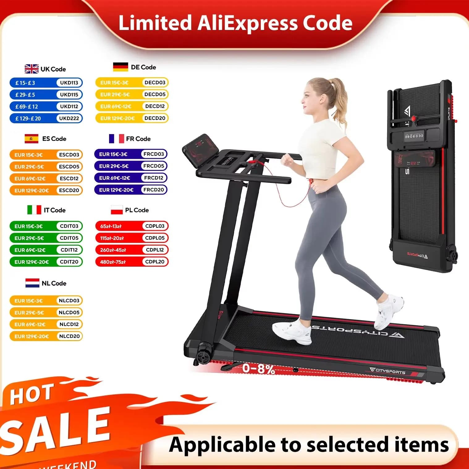 Tapis de course pliable électrique CITYSPORTS PRO inclinaison 12 km/h appli smart LED pêche cardio