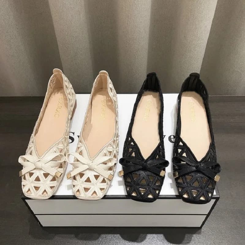Sandales plates femme été style français 2025 - Chaussures beige découpes géométriques pour robes