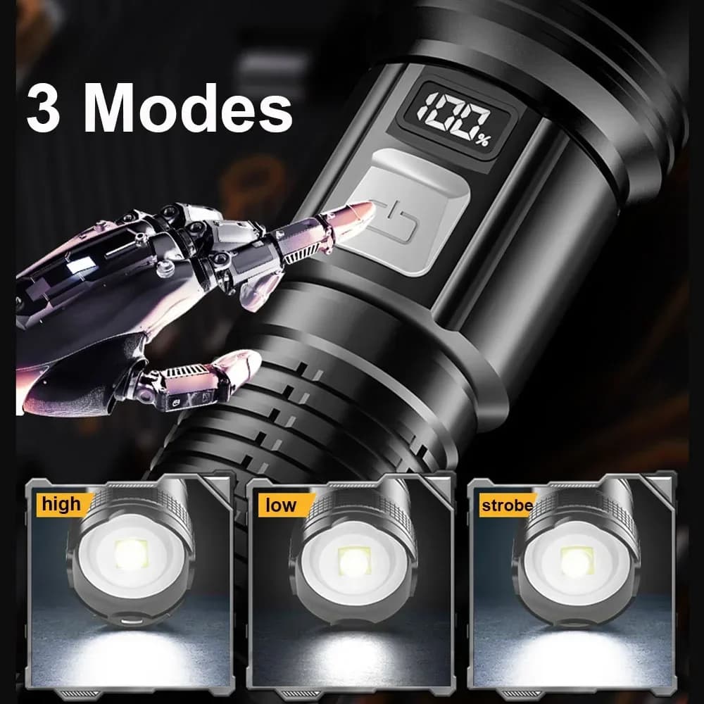 Lampe torche tactique 300000LM avec écran LED rechargeable USB pour défense, pêche et camping