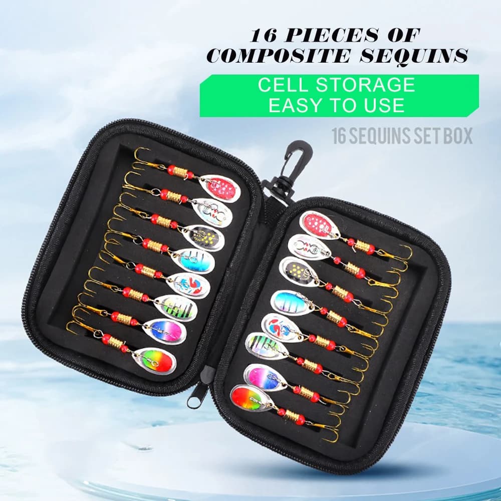 Leurre spinner métal 16 pièces pour brochet truite et perche, avec sac de pêche inclus