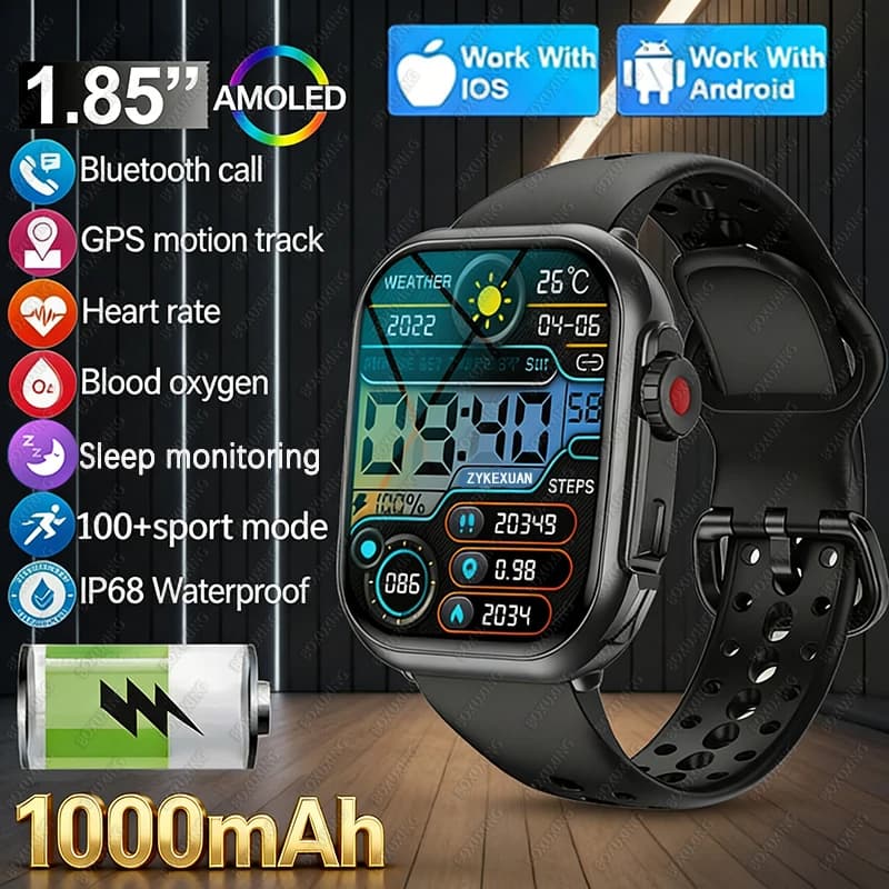 Smart Watch 2026 1000 mAh - Montre Connectée AMOLED GPS IP68 Étanche Appels Bluetooth Homme Femme