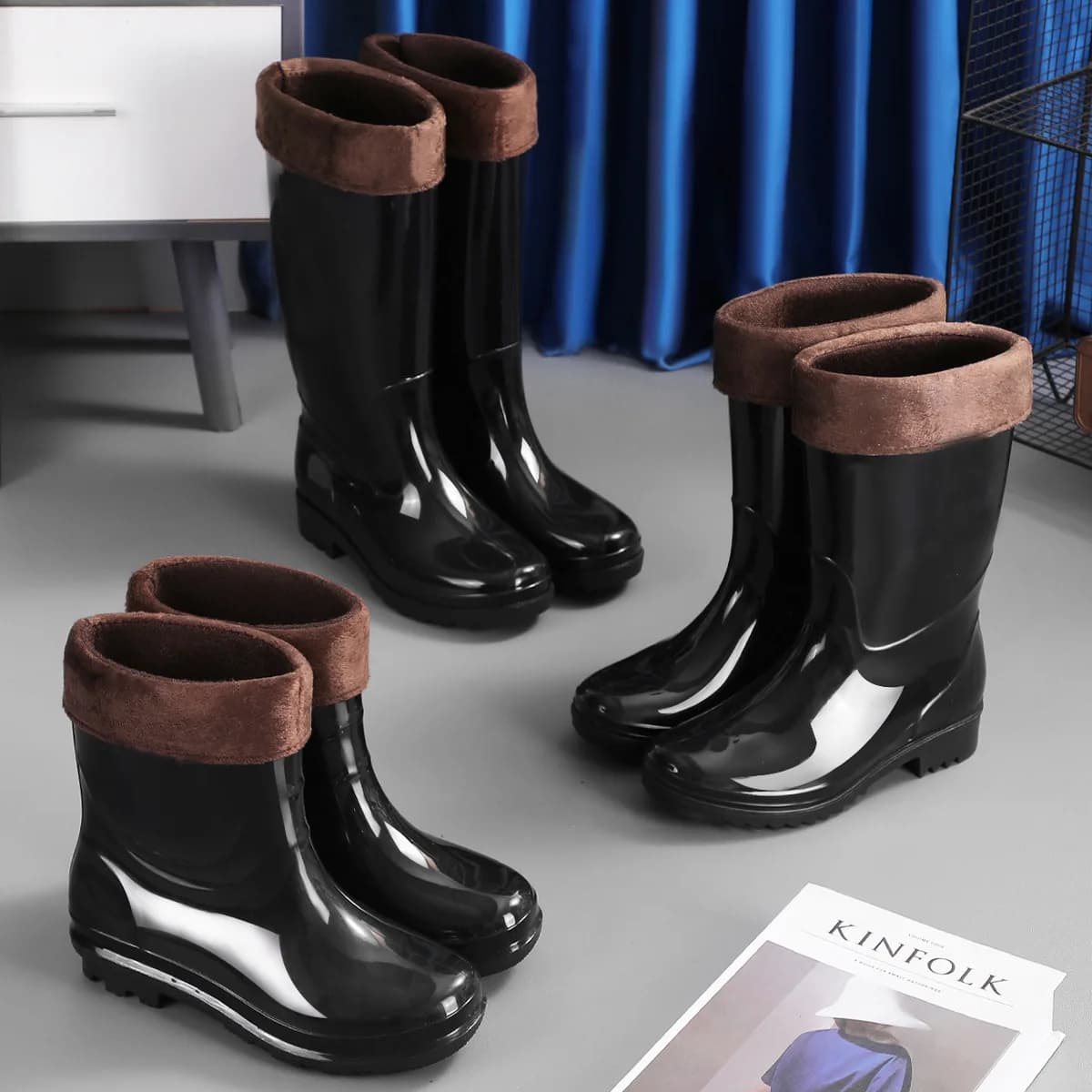 Bottes de pluie homme hautes épaisses imperméables extérieur antidérapantes doublure polaire
